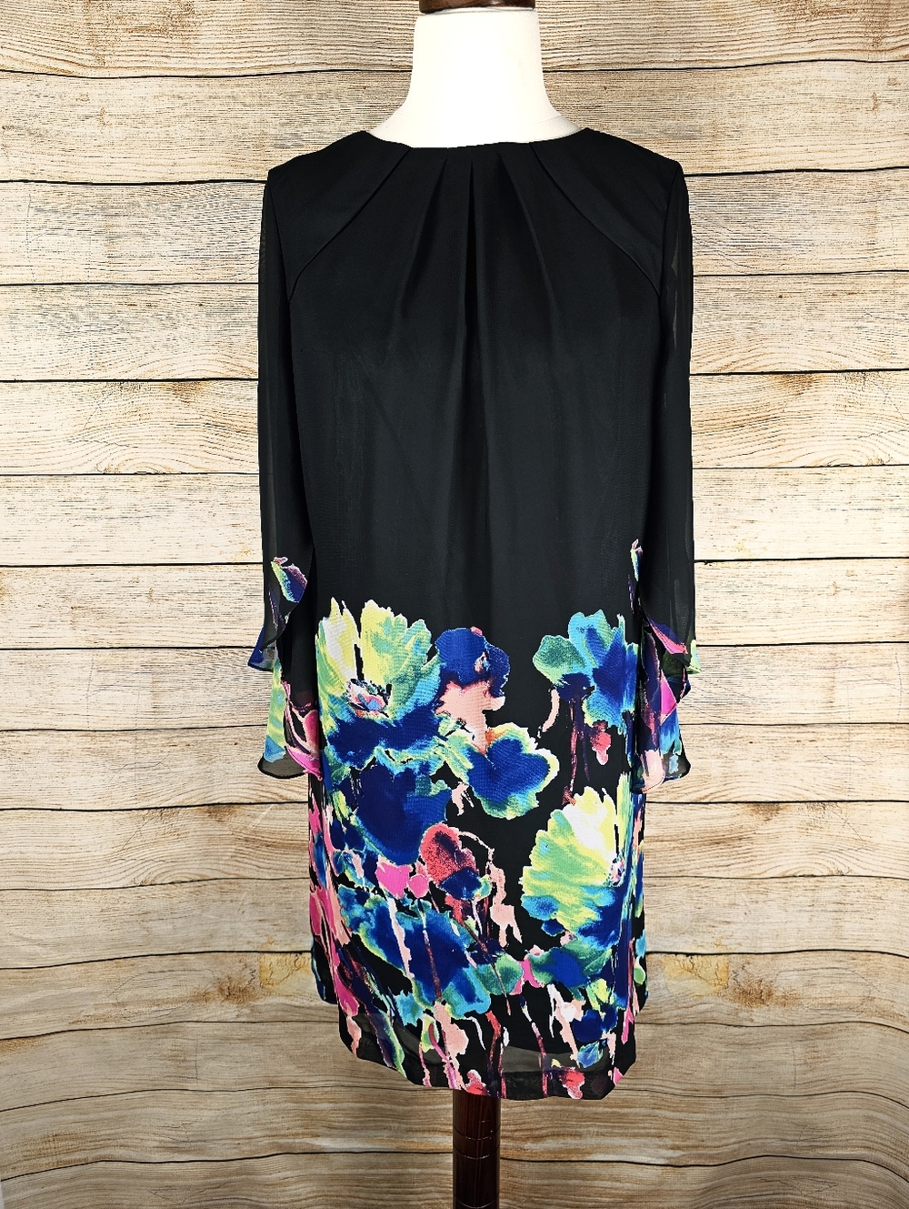 Tahari Black & Multicolor Floral Flowy Dress Size 12